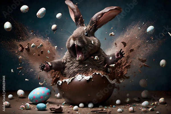 Fototapeta Horror scare - crazy, scary chocolate easter bunny explodes in a surprise out of a huge easter egg, to terrorize!