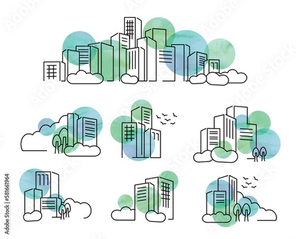 Fototapeta フラットな線画イメージ淡い水彩の都市の景観イラスト	