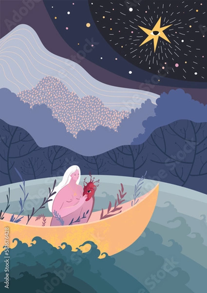 Fototapeta Vector illustration of a woman in a boat that sails at the call of the heart.