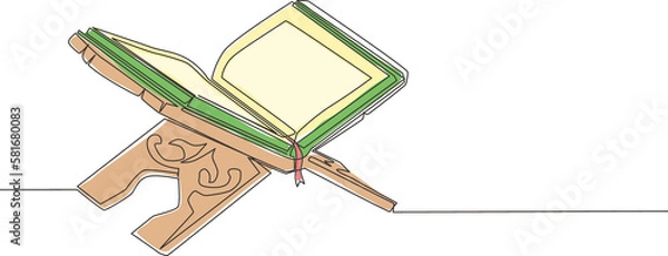 Fototapeta Single continuous line drawing of open Quran, holy book muslim, on placemat. Islamic holy day Ramadan Kareem and Eid Mubarak greeting card concept one line draw design vector illustration