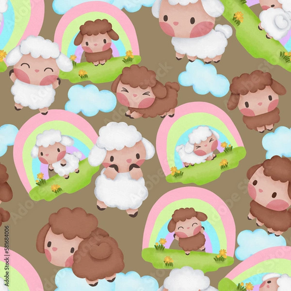 Fototapeta Cute sheep watercolor seamless pattern for print paper background textile fabric