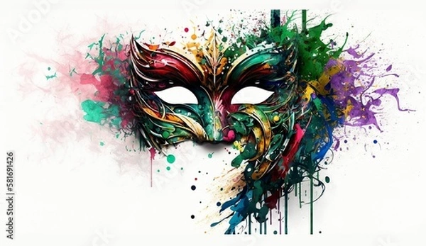 Obraz Colorful Venetian Mask Carnival Illustration with Masquerade Theme and Mardi Gras Banner, Perfect for Splash Art and Copy Space on White