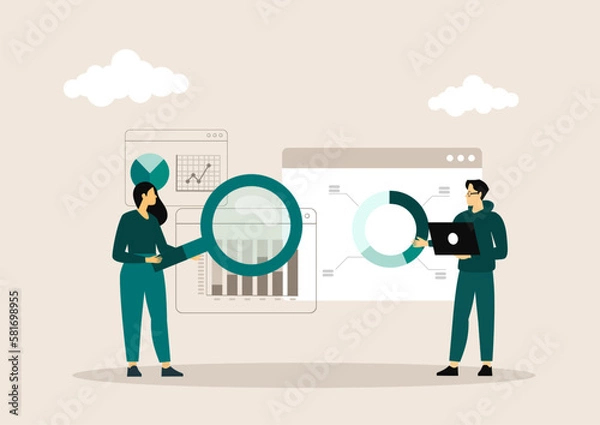 Fototapeta People concept. Vector illustration of team management, data analysis, planning, business report for graphic and web design, business presentation and marketing material.