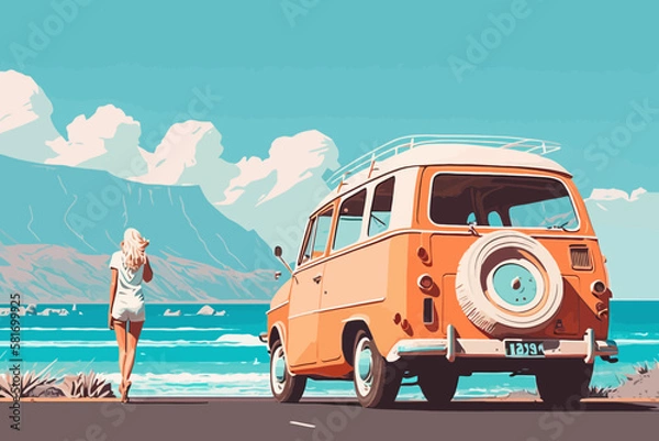 Fototapeta Summer concept. Girl in white dress on the way to summer holidays with her van. Vector art. Generative AI technology.