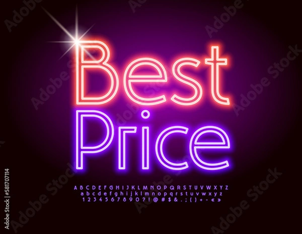 Fototapeta Vector colorful poster Best Price. Modern Neon Font. Glowing Alphabet Letters and Numbers set