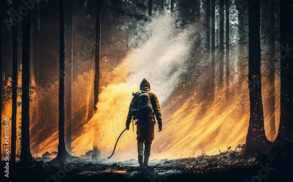 Fototapeta Man with a fire extinguisher in the middle of a dark forest. Generative AI
