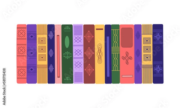 Obraz Collection of vertical standing books in colored vintage covers. Pile of different literature. Time to reading concept. Hand drawn vector illustration isolated on white background. Modern flat style.