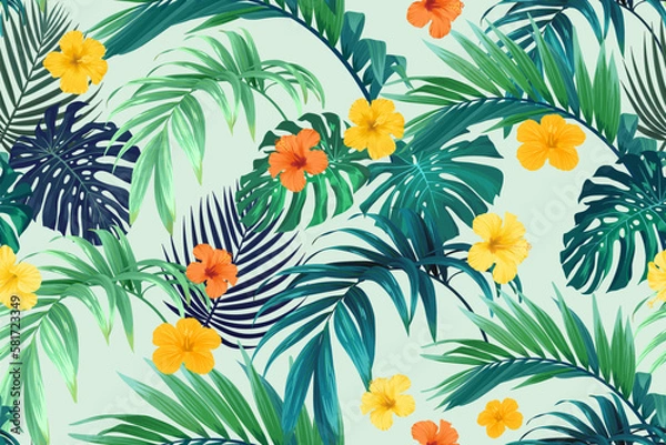 Fototapeta Tropical pattern with green palm leaves and hibiscus flowers. Summer bright vector background or textile illustration.