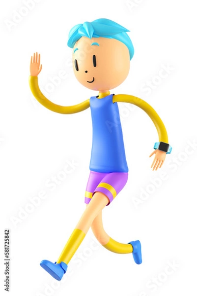 Fototapeta 3d boy cartoon character in action. 3d illustrator. sport activity. exercise fitness pose. workout training lifestyle. man player. technology VR connection. gym outdoor. cyberspace object concept.