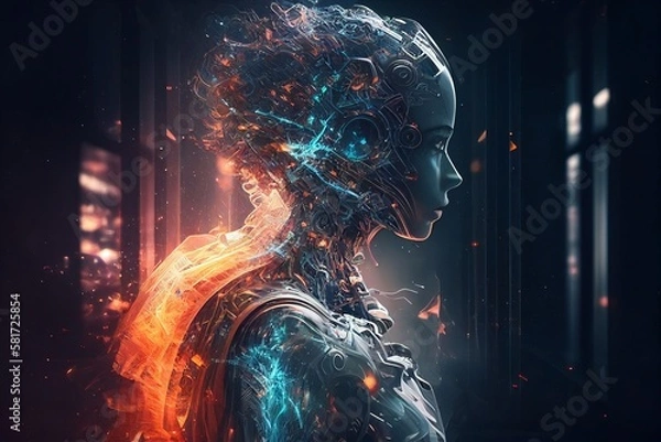 Fototapeta A half-robotic humanoid android, sci-fi idea of human evolution through technological upgrades. Generative AI. 