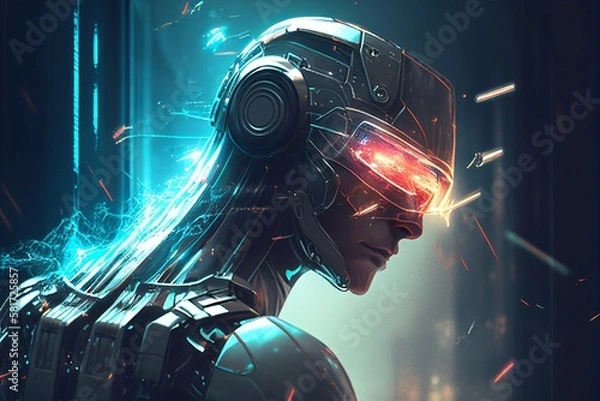 Fototapeta Full metal illustration of humanoid robot head. Sci-Fi art. Generative AI. 