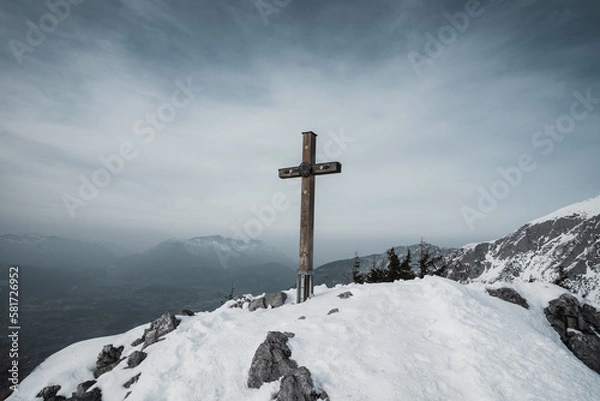 Fototapeta summit cross on the top of mountain in the alps