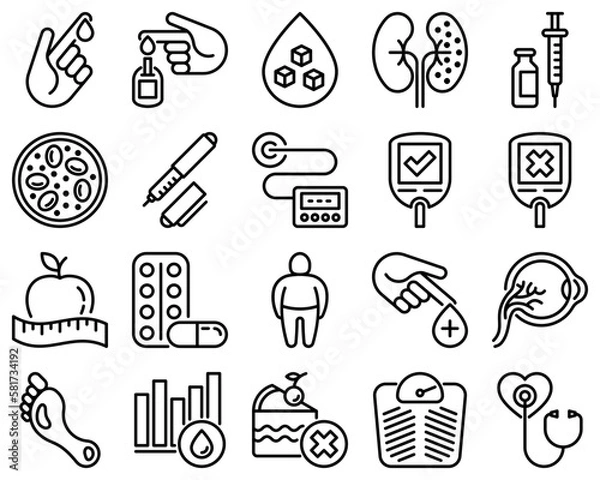 Obraz Diabetes thin line icons set: blood test, glucometer, glucose level, insulin pen, hyperglycemia, insulin pump, diabetic retinopathy, medical checkup. Vector illustration