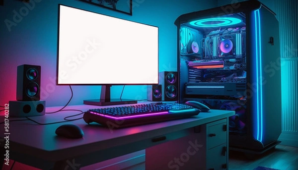 Fototapeta Mockup Gaming Setup with Neon Lights and Computer on Desk. Generative Ai