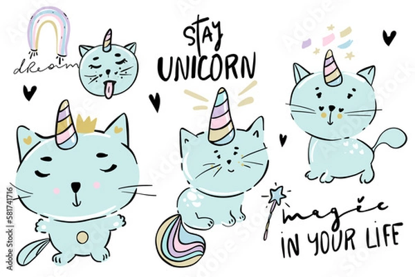 Fototapeta Vector illustration of cute white cat unicorn or caticorn life activity planner including working, shopping, cooking, driving, working out, etc