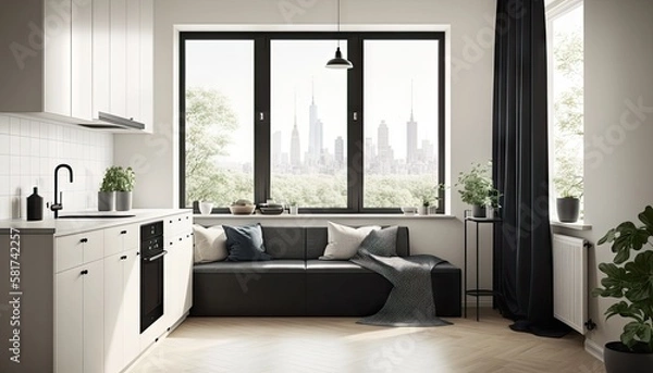 Fototapeta Trendy furnished apartment with high ceiling and wooden floor. Generative AI