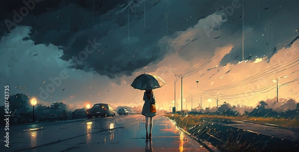 Fototapeta an anime girl thinking about life scene on a street with an umbrella, generative ai technology