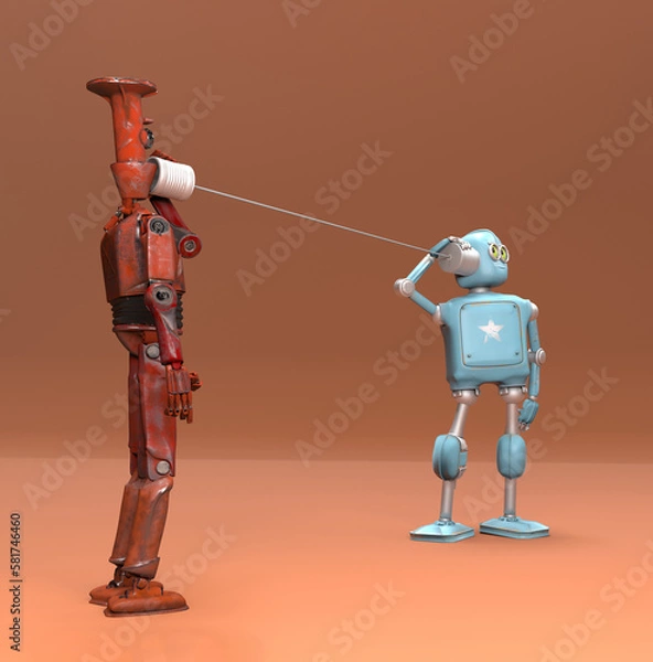 Fototapeta Retro two robots talking on tin can phones. 3d render