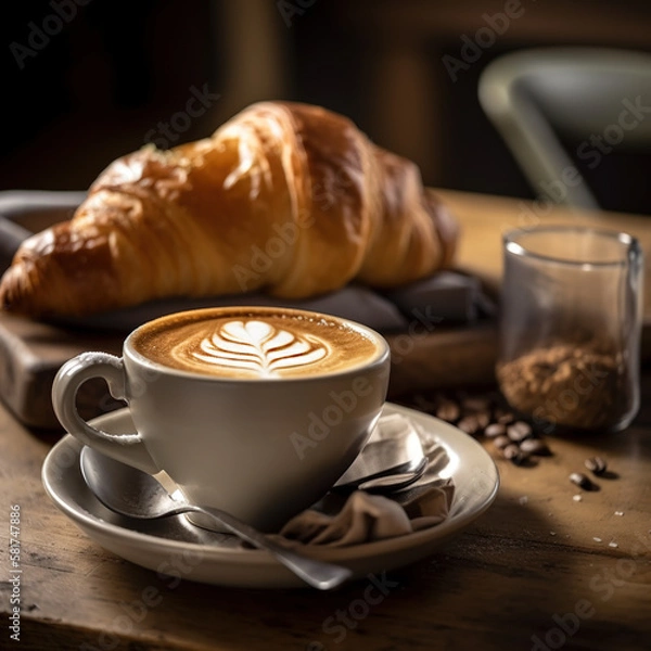 Fototapeta Cup of coffee and croissant, Generative AI