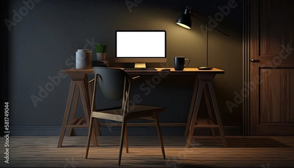 Fototapeta Dark modern workspace with mock up desktop computer on wooden table with lamp and stylish decoration. Generative AI