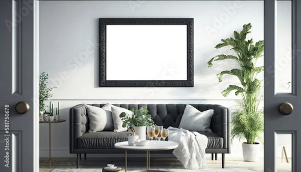 Fototapeta Scandinavian interior living room with mock up frame on the wall. Generative AI
