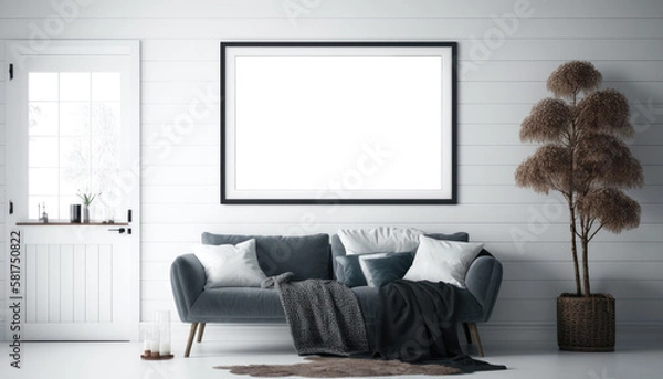 Fototapeta Scandinavian interior living room with mock up frame on the wall. Generative AI