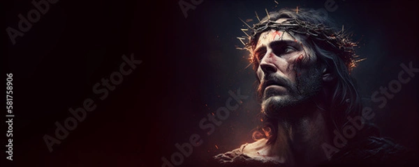 Fototapeta Jesus Christ, Savior of mankind. Banner 5:2. 14443x5777. Generative AI