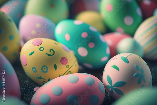 Fototapeta Flat lay of colorful chicken eggs texture background easter concept. Neural network AI generated art