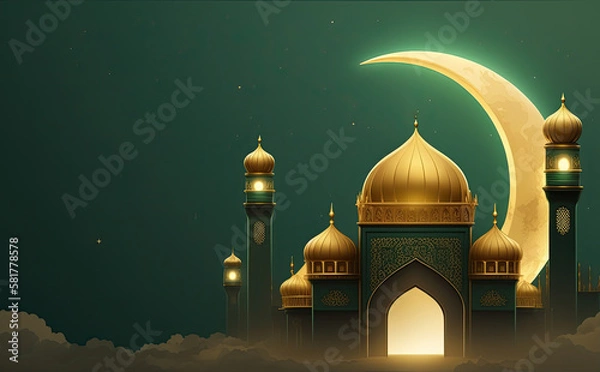Fototapeta A mosque with a crescent moon and a crescent moon. Generative AI
