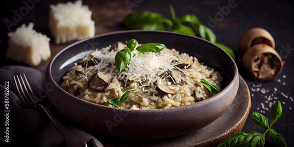 Fototapeta A bowl of mushroom risotto with parmesan and fresh herbs generated by AI