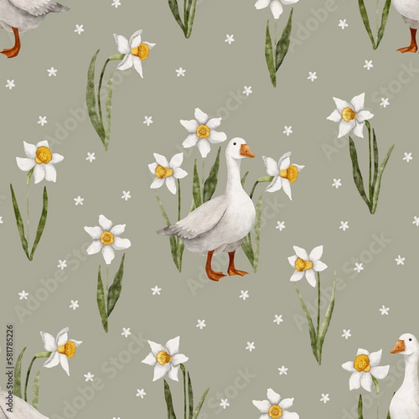 Fototapeta Watercolor seamless pattern with goose and spring flowers.