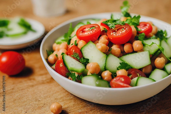 Fototapeta Bowl of chickpea salad with tomatoes and cucumbers created with Generative AI technology