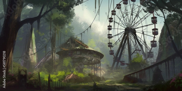 Fototapeta 観覧車のある遊園地の廃墟_Ruins of an amusement park with a Ferris wheel_generative ai