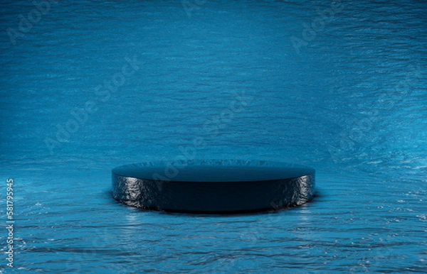 Fototapeta Black gloss circular podium or pedestal display on blue water background with cylinder. Blank product stage standing backdrop. 3D rendered, three point lighting.