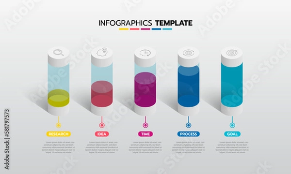 Fototapeta Business infographic template process with simple geometry square, rectangle, circle, triangle, curves in flat design template with thin line icons and 5 options or steps. Vector illustration.