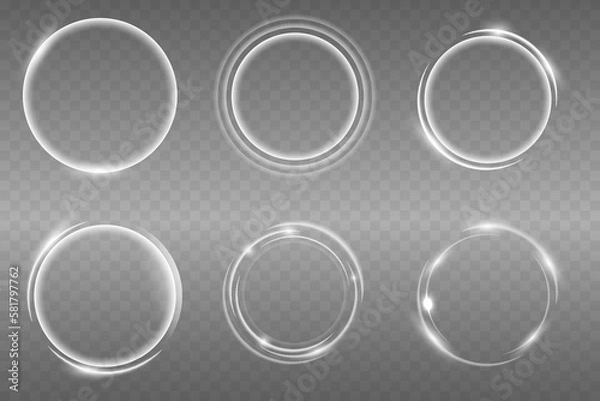 Fototapeta Set of light effect twirl, white trail wave. Curve light effect of white line. Luminous white circle.