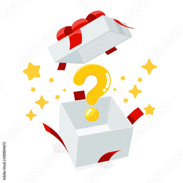Fototapeta Open a mystery gift box with a red ribbon on isolated white background. Random secret loot box isometric concept. Vector illustration cartoon flat design.