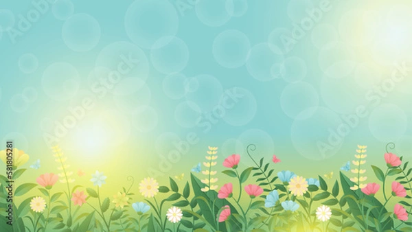 Fototapeta Spring grass and flowers, Easter greeting card element, Park decoration background with spring grass and meadow flowers for spring sale, banner, poster, cover, templates, social media, feed
