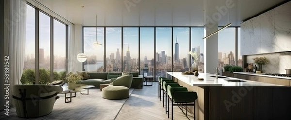 Fototapeta A modern luxury penthouse apartment interior in New York with modern furniture and decor, wooden floors, and glass windows (Generative AI)