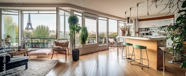 Obraz A modern apartment interior in Paris with modern furniture and decor, wooden floors, and glass windows (Generative AI)