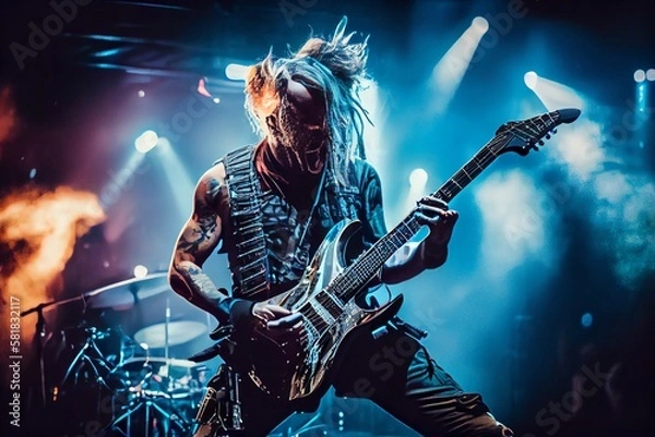 Fototapeta Rock Musician Plays Music On Stage, Rocker Guitarist Performs At Concert. Generative AI