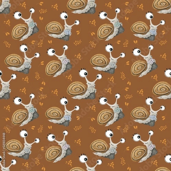 Fototapeta Seamless pattern with cute snail