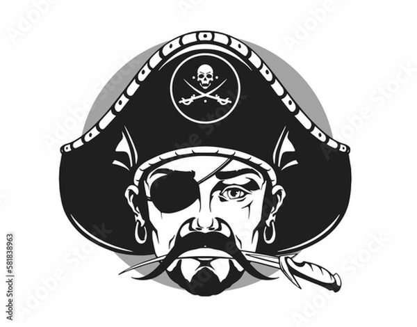 Obraz Vector hand drawn vintage illustration of old wild pirate with knife in his mouth, long mustache, big pirate hat and blind fold isolated on white background