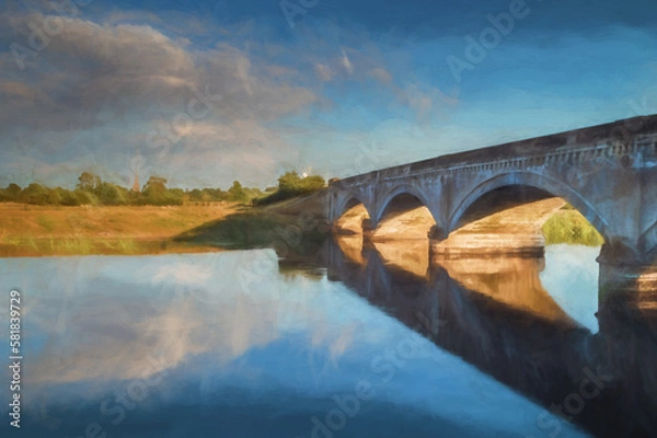 Fototapeta Digital painting of a 19th century toll bridge across the River Trent at Willington, Derbyshire.