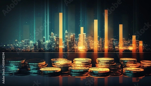 Fototapeta Digital virtual concept. Abstract virtual stats data hologram on cityscape background. Multi exposure by generative AI