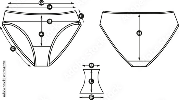 Fototapeta Women's classic briefs. Measurements for tailoring and selling linen. Back view and front view and gusset. Vector drawing. Isolate.
