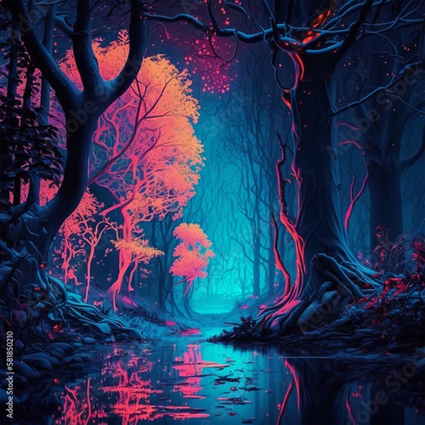 Obraz forest and flowers at night full of colors made with Generative AI