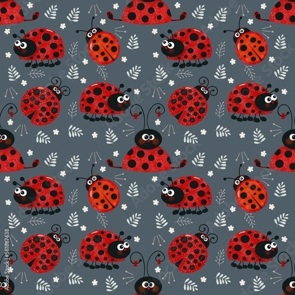 Fototapeta Seamless pattern with ladybird on grey background 