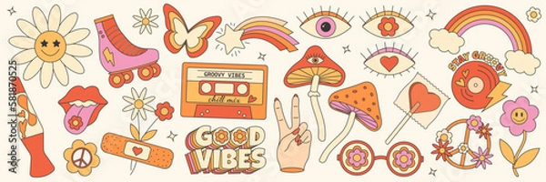 Obraz Retro groovy hippie 70s set. Sticker collection in trendy retro psychedelic cartoon style. Mushroom, flower, eye, rainbow, butterfly, good vibes