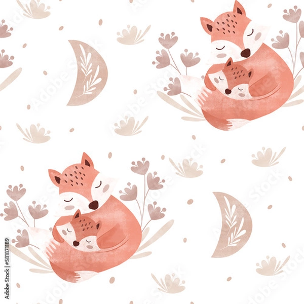Fototapeta watercolor seamless pattern fox and moon, mommy and baby foxes on white background with flowers